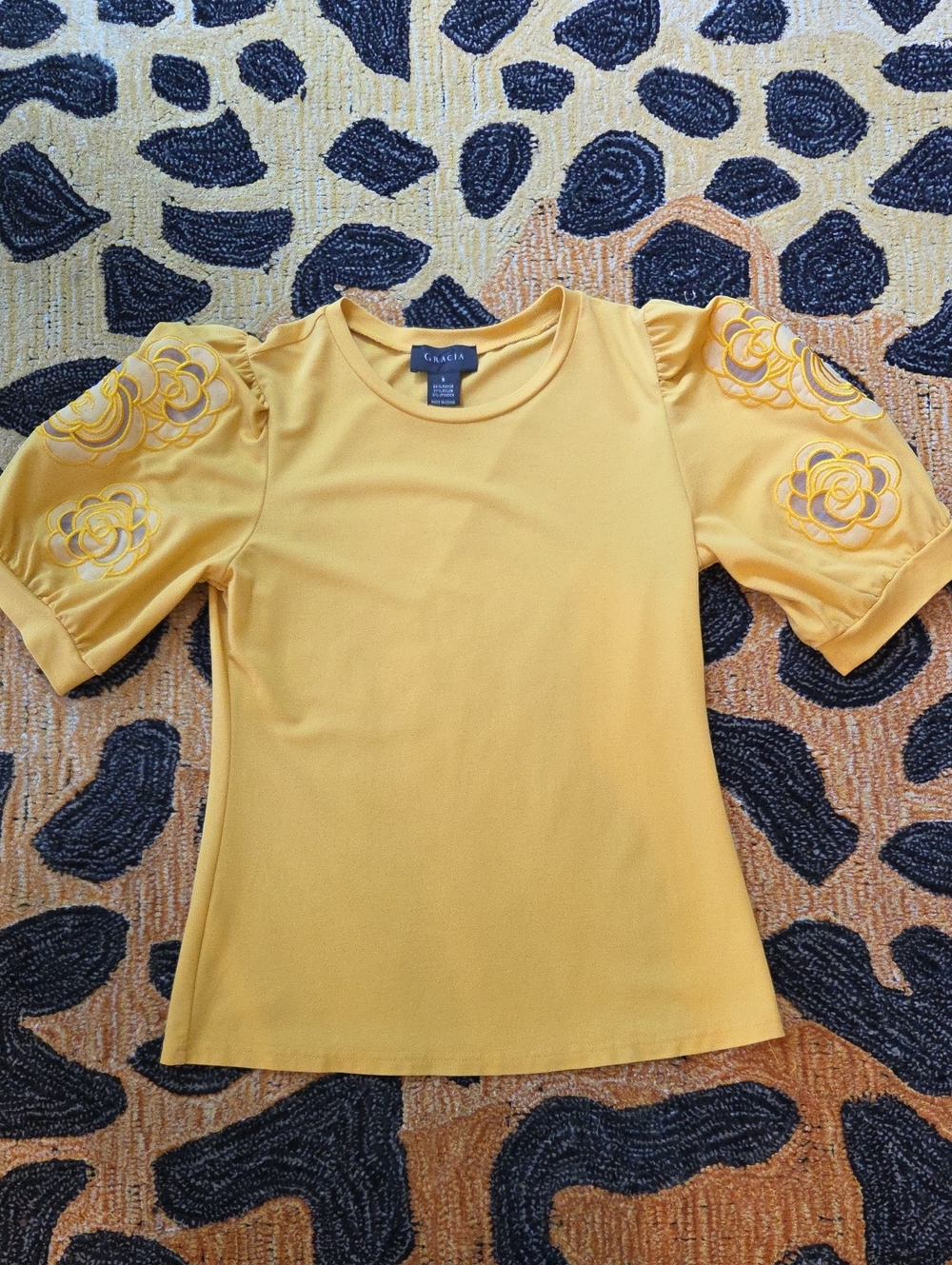 Gracia Yellow Puff Sleeve Top with Floral Cutwork